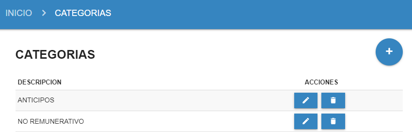 Pantalla de administración de categorías.