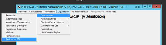 Menú Liquidación → Recibos en PDF dentro del Sistema Personal.