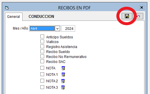 Ventana de generación: seleccionar mes/año y el tipo de recibo, luego guardar.