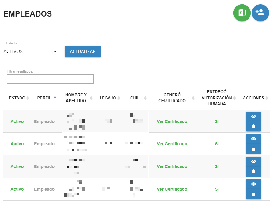 Listado de empleados con su estado, perfil y acciones.