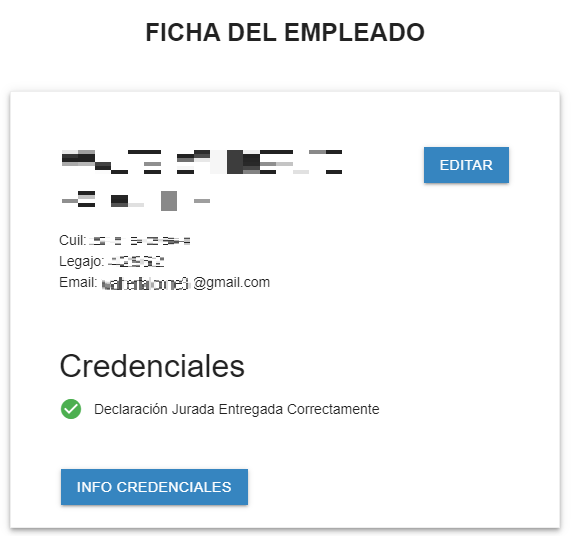Ficha del empleado con sus datos y credenciales.