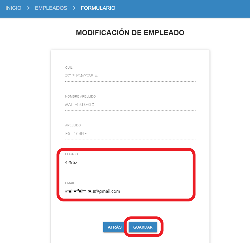 Formulario de modificación de datos del empleado.
