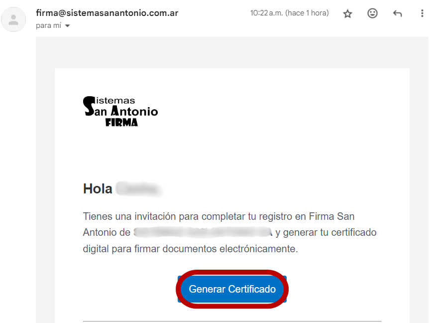 Correo de invitación con el botón "Generar Certificado".