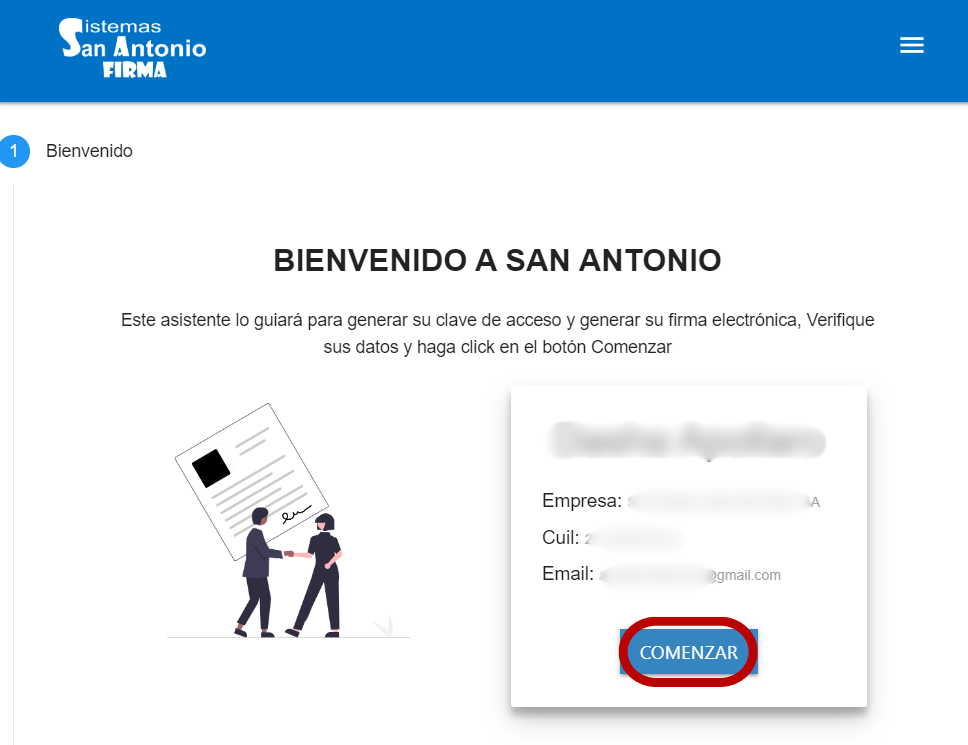 Pantalla de bienvenida con la verificación de datos.