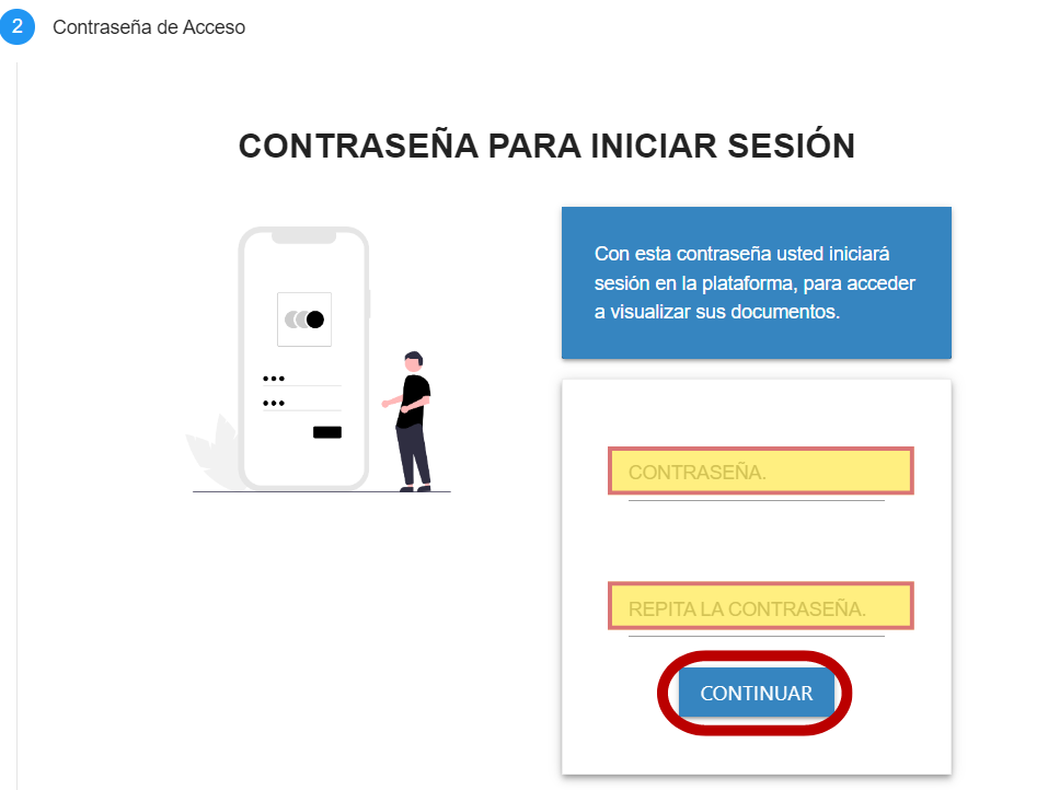 Creación de la contraseña para iniciar sesión.