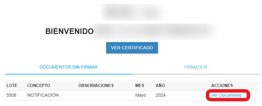 Documentos sin firmar: acción "Ver Documento".