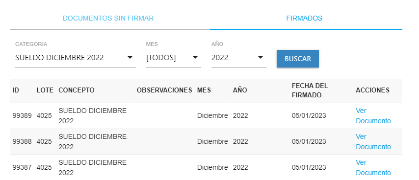 Listado de documentos firmados con sus filtros.