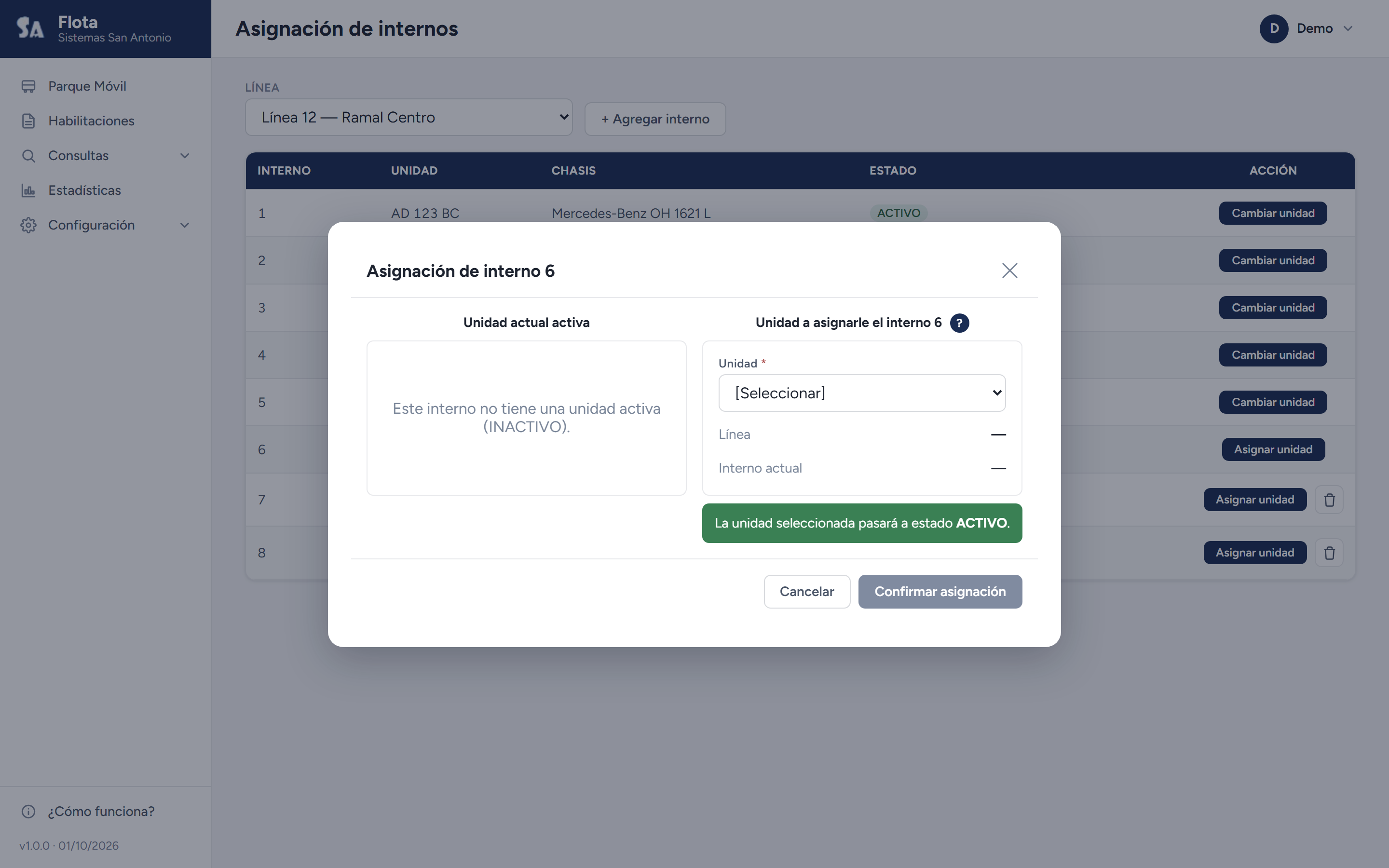 Modal de asignación de una unidad a un interno libre.