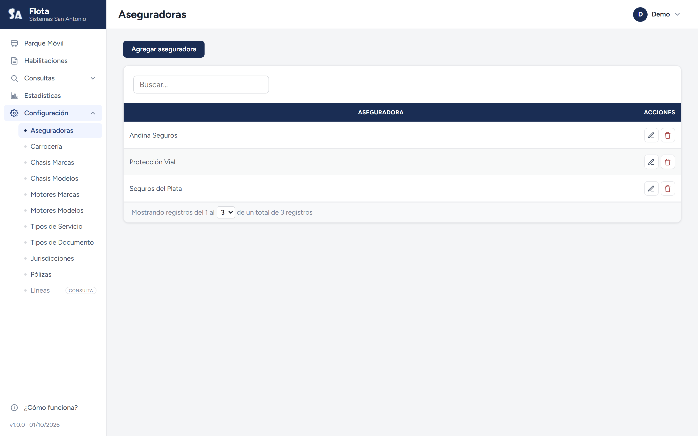 Catálogo de aseguradoras en Configuración.