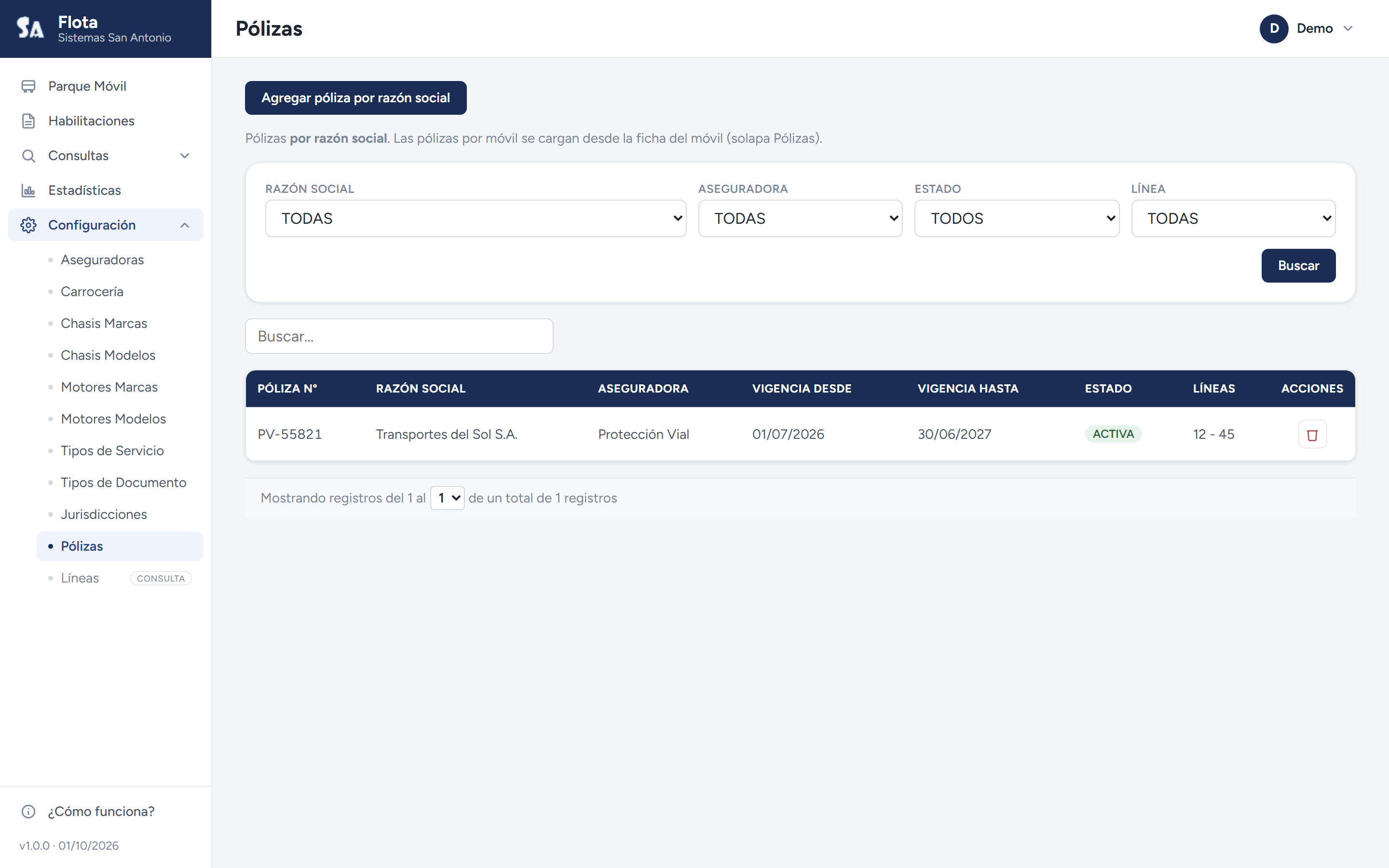 Listado general de pólizas en Configuración.