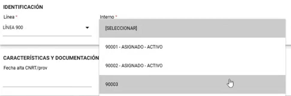 Selección de línea e interno con su estado de asignación.
