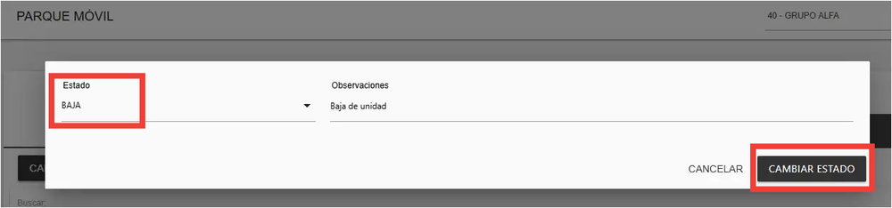 Cambio de estado de la unidad a BAJA.