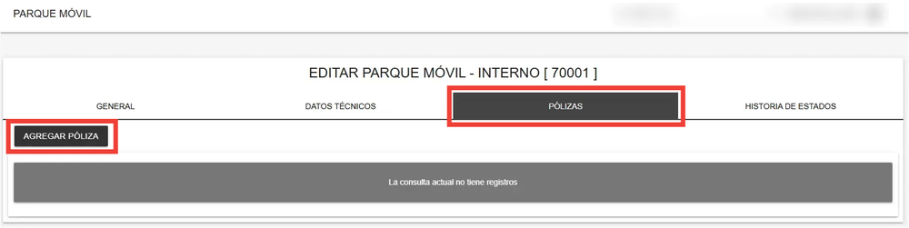 Pestaña Pólizas dentro de la ficha de la unidad.