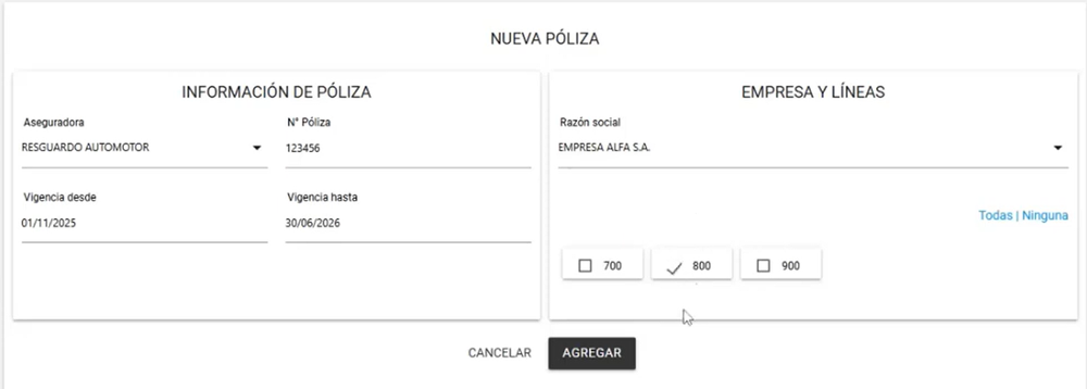 Alta de una póliza por razón social y líneas.