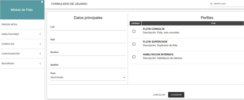 Formulario de alta y edición de usuarios con sus perfiles.